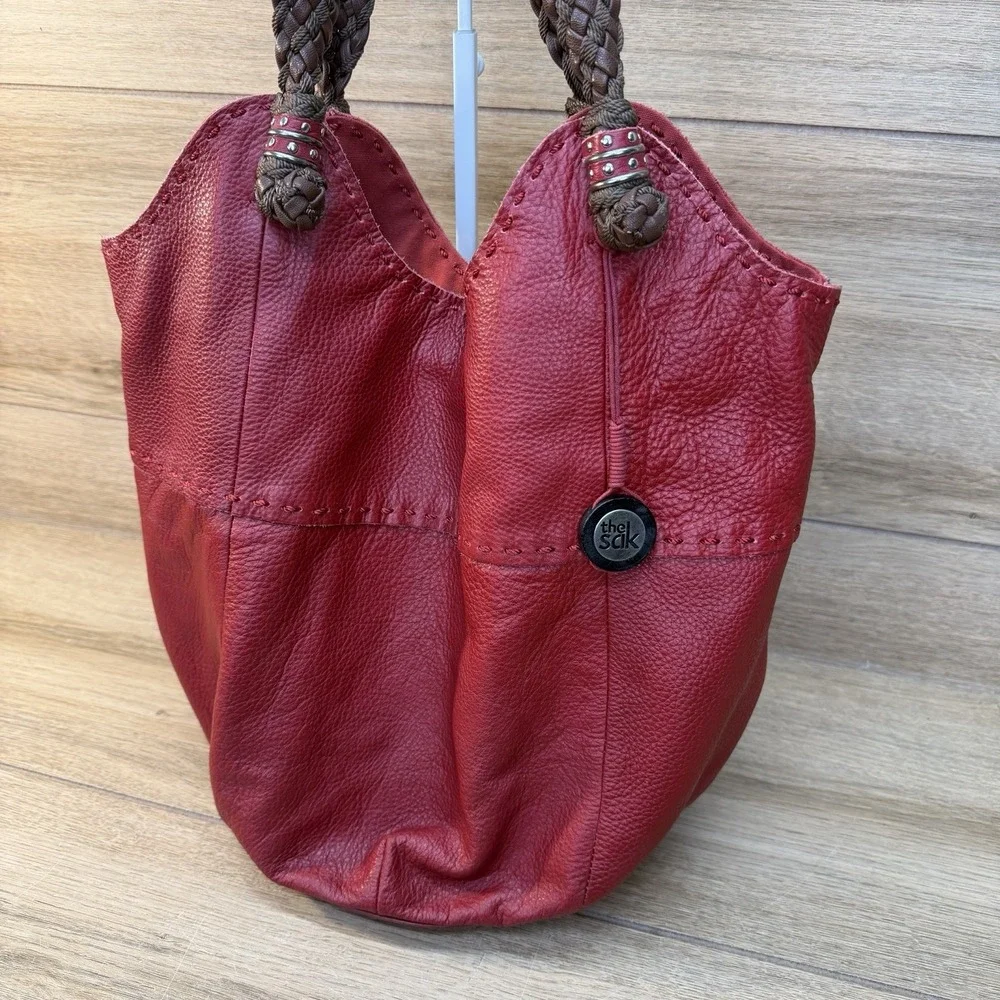 The Sak Womens Indio Hobo Handbag Red Leather Boho Braided Shoulder Tote Bag